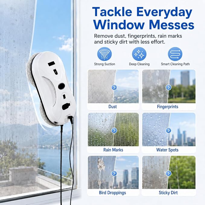 Robotic Window Cleaner with 3-Layer Safety, Smart Z/N Path Navigation, 2800Pa Strong Suction & UPS Anti-Drop, Perfect for High-Rise Windows, Glass Doors, Shower Glass, Gift for Parents