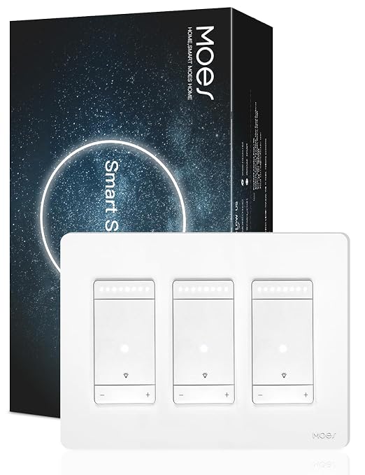 MOES 3 Way Smart Star Ring Dimmer Switch, 2.4GHz WiFi Dimmable Light Switch,Neutral Wire Required, Smart Life APP Remote Control, Works with Alexa & Google Assistant, Timer & Schedule White 3 Gang