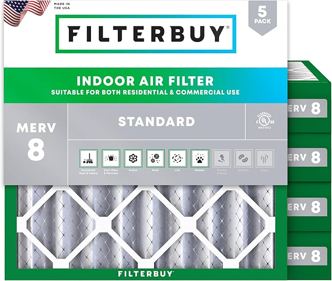 Filterbuy 24x24x4 Air Filter MERV 8 Essential Dust & Allergy Defense (5-Pack), Electrostatic Pleated HVAC AC Furnace Filters Replacement, Made in USA (Actual Size: 23.38 x 23.38 x 3.63)
