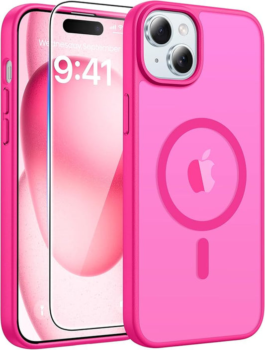 FNTCASE for iPhone 15 Case: for iPhone 14 Case & iPhone 13 Case [Compatible with Magsafe] Translucent Matte Cases with [Screen Protector] Military Grade Shockproof Protective Phone Cover - Hot Pink
