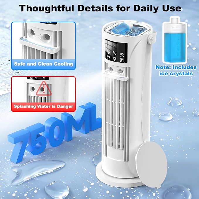 Portable Air Conditioners, 120 °rotating tower fan, portable AC for 3 wind speeds,Storm mode, 8H timing, Evaporative Air Cooler with remote control,750ML water tank, spray,cooling fan for home - white
