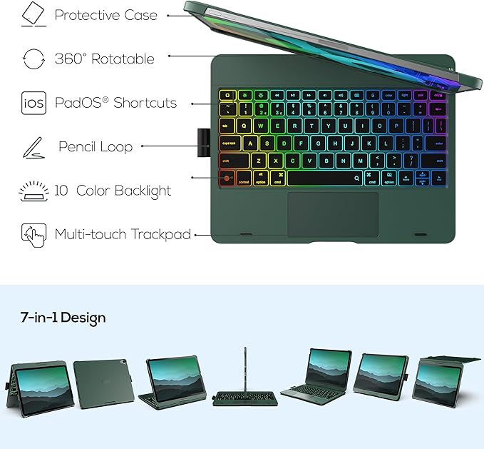 typecase Touch Keyboard Case with Trackpad for iPad Air 11-inch (M3 2025 / M2 2024):360°Rotatable - 11 Colors Backlight - Wireless Keyboard with Pencil Holder for iPad Air 5th & 4th Gen,Midnight Green