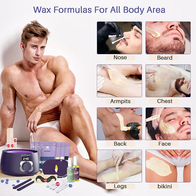 BLITZWAX Brazilian and Bikini Waxing Kit for Men, Hard Wax Warmer for Face, Legs, and Body, At Home Hair Removal Kit, Beginner Friendly, Quick Heating, 30 Nose Wax Sticks