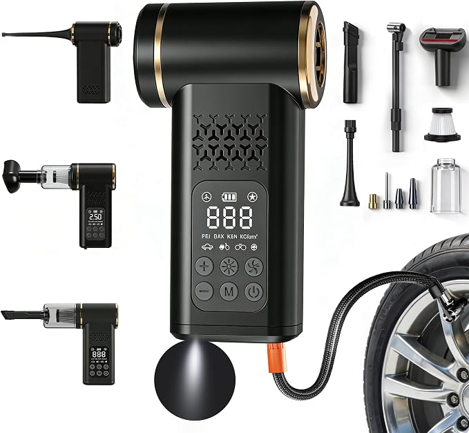 Car Tire Inflator- Vacuum Cleaner- Air Compressor 3-in-1 150PSI Air Pump Cordless Rechargeable USB Portable Battery Operated Inflatables for Car, Motorcycle, Bike, Balls