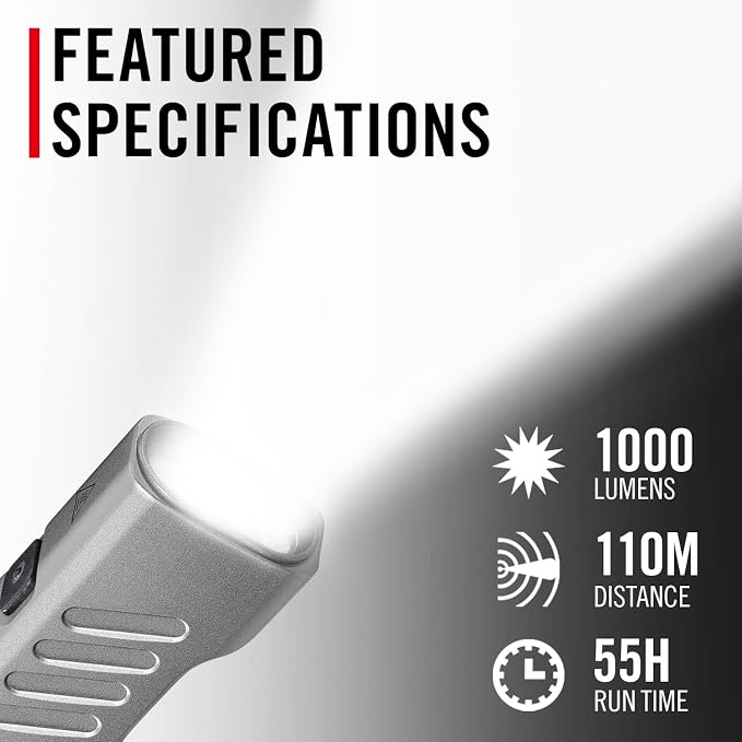 Coast Slayer RED 1000 Lumen USB-C Rechargeable LED Flashlight with Red Mode, Spot/Flood, Memory Mode and Pocket Clip