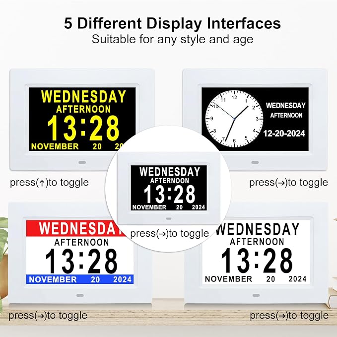 Johnziny 7 Inch Digital Clock with Day and Date for Elderly Large Display for Elderly Dementia Clock Customizable Alarms, 12 Alarms,4 Colors Display Digital Calendar Alarm Clock (White)