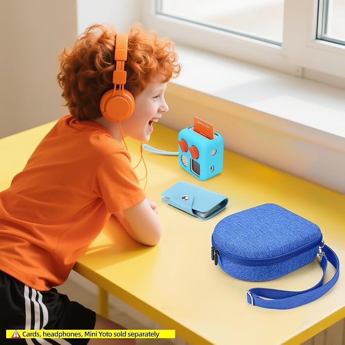 Hard Case Compatible with Yoto Mini (2024 Edition), 3-in-1 Travel Bundle: Silicone Cover + Case with Shoulder Strap (Fits Mini Player & Headphones) + Up to 10 Card Holder for YOTO Cards (Blue)