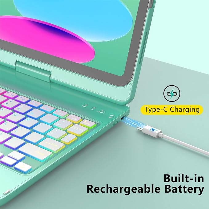 HOTLIFE for iPad A16 11th Generation/10th Generation Case with Keyboard,Touch Keyboard for iPad 11" /10th Gen 10.9 inch 2022-10 Color Backlight, 360° Rotatable Protective Cover (Lake Blue)