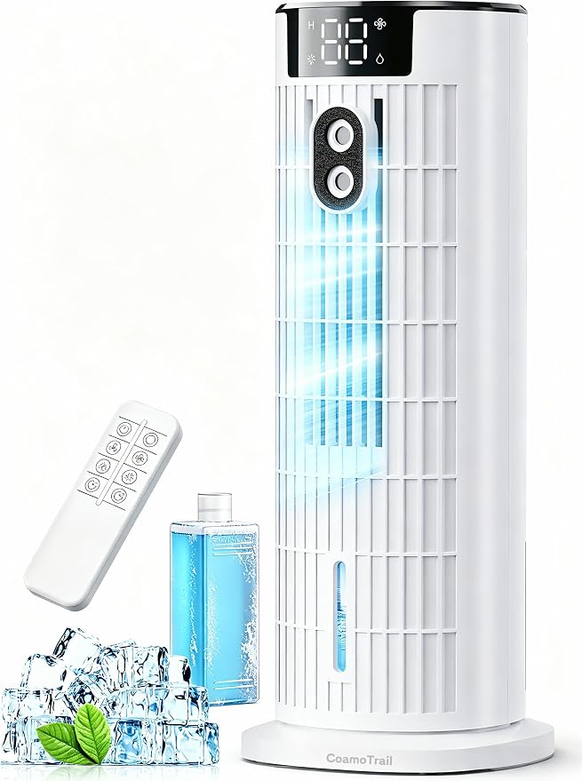Portable Air Conditioners, 4 in 1 Evaporative Air Cooler, 1000ML Tower Fan with Remote, 3 Wind Speeds&Turbo Mode, 2 Mist,10H Timer, 90° Oscillation Portable AC for Home, Office CoamoTrail (Beige)