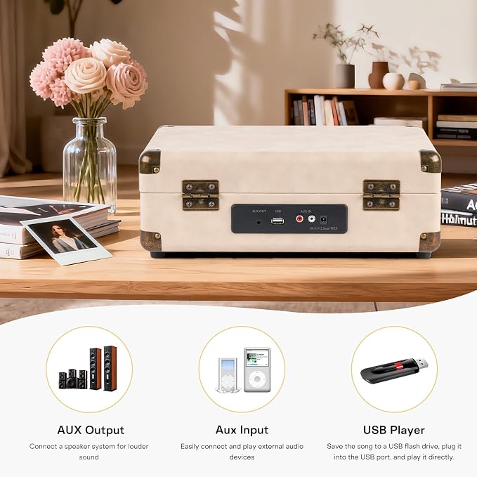 Portable Bluetooth Record Player with USB Playback Rechargeable Battery and Built in Speakers 3 Speed Turntable in Retro Suitcase Design for Home Bedroom or Outdoor Use