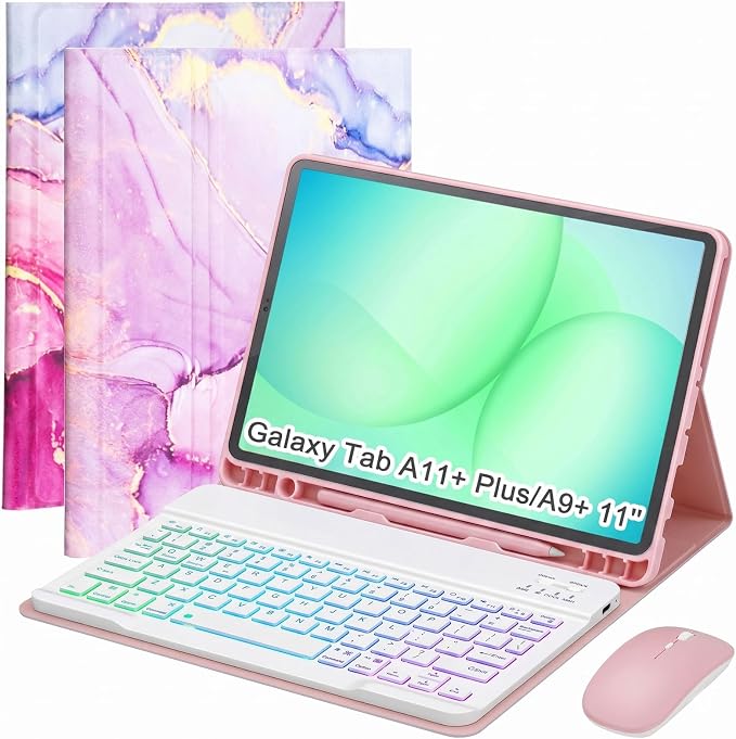 Keyboard Case for Samsung Galaxy Tab A11 Plus 11 Inch 2025/ A9+ Plus 2023 Tablet, Detachable Rainbow Backlit Wireless Keyboard and Mouse, Slim Stand Cover with S Pen Holder (Pink Marble)