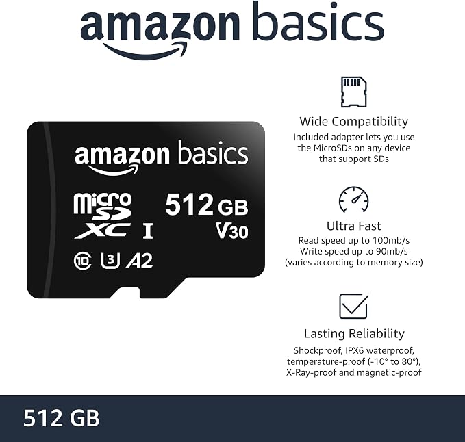 Amazon Basics microSDXC Memory Card with Full Size Adapter, A2, U3, Read Speed up to 100 MB/s, 512GB, Black