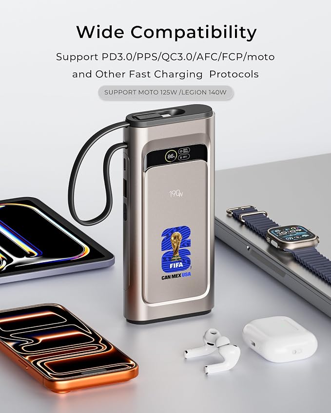 2026 FIFA Licensed 190W 20000mAh Power Bank for Laptop Portable Charger,3-Port USB-C PD Fast Charging Battery Pack with Built-in USB-C Cable for MacBook,Cell Phones,iPhone,iPad,Android,Samsung