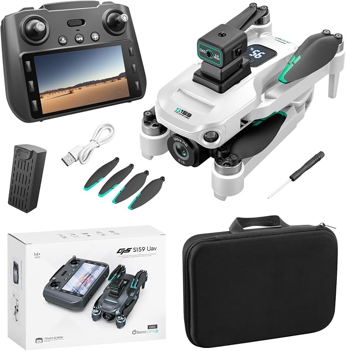 ikaufen S159 Drone with Built-in 5.9in screen control, GPS positioning, brushless motor, optical flow positioning, ESC camera, obstacle avoidance function, body tips power consumption+2 Battery(S159 screen control+ 2 Battery White)