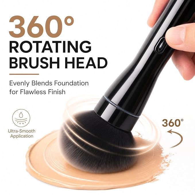 360° Rechargeable Rotating Makeup Brush Set, 5 Vegan Brush Heads, Electric Blending Face Brushes For Foundation, Blush, Powder, Bronzer, Contour, Highlight & Airbrush Finish, Flat Kabuki Brush