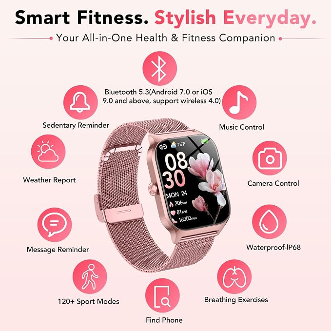 Smart Watch for Women, Answer/Make Call/AI Voice,1.85" HD Smartwatch Compatible for iPhone/Samsung/Android,120+Sport Modes Fitness Tracker with Heart Rate/Sleep Monitor, IP68Waterproof (2 Bands)