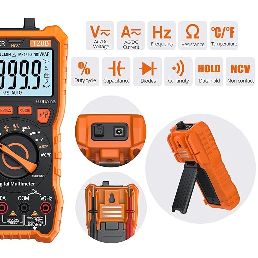 Proster Digital Multimeter - TRMS Voltmeter Multimetro Auto Range Multi Testers, 20A DC AC Current Meter NCV Detector Magnetic Hanging Hands-Free Design with Temperature Probe Backlit LCD Flashlight