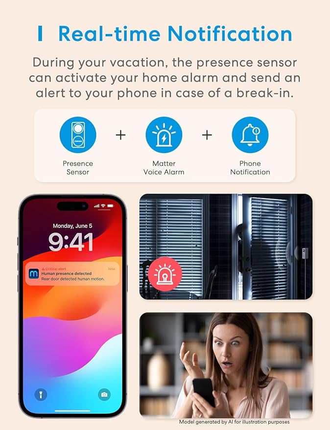 meross Matter Human Presence Sensor, 3-in-1 PIR & Light & mmWave Radar Motion Sensor, AI Motion Detector for Matter Smart Home Automation, Supports HomeKit, Alexa, Google, Home Assistant, 2.4GHz Wi-Fi