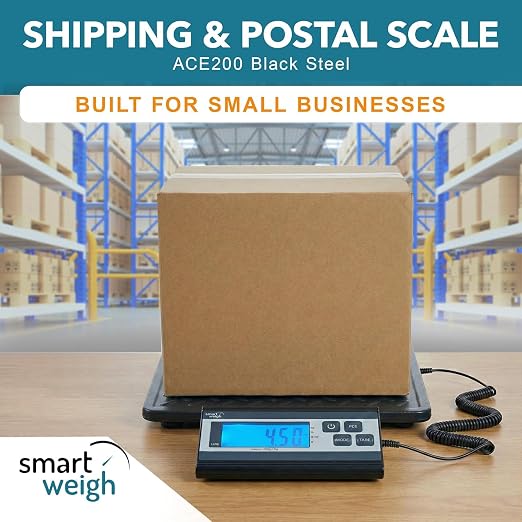 Smart Weigh Digital Postal Shipping Scale, 440 lb Capacity, 1 oz Readability, Tare Function, Battery or USB-C Power, Corded Display, Stainless Steel Large Platform, Black