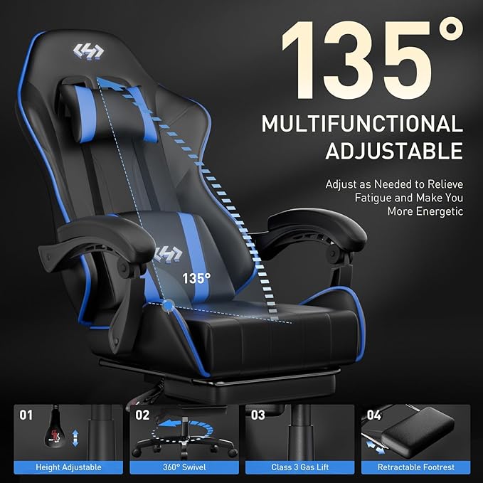 HLDIRECT Gaming Chair, Ergonomic Computer Office Chair with Lumbar Support, Footrest, Headrest, PU Leather, 360° Swivel, Adjustable Height, Metal Frame, 200 lbs Capacity (Black&Blue)
