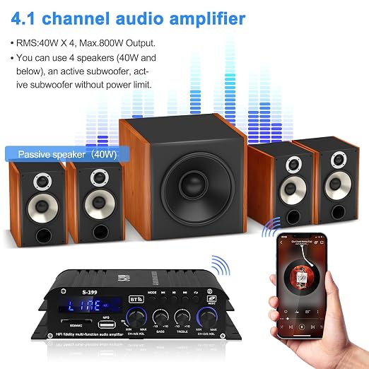 Audio Power Amplifier for Home Speakers -S-299 Bluetooth 5.0 Power Amp 4.1 Channel RMS 40Wx4 Subwoofer AMP DC 12V/5A Mini Integrated Digital Amplifier with USB/SD & AUX Jack
