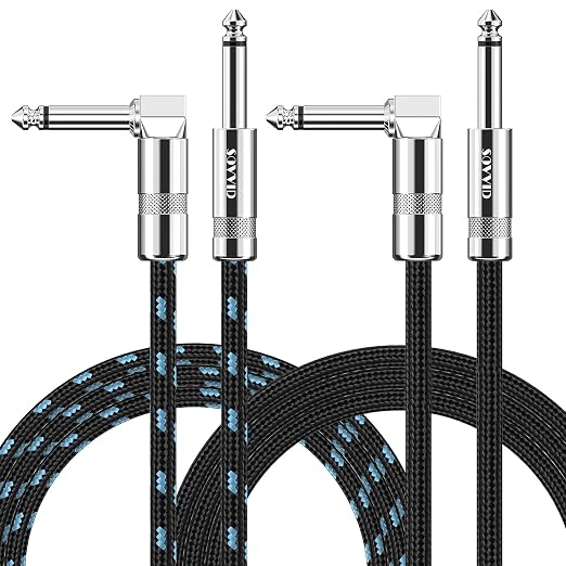 10FT 2 Pack Instrument Cable - Electric Guitar & Bass Guitar Cable with Right Angle 1/4 Inch Connector - Black & Blue