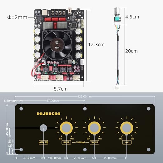 T220HS-W Power Amplifier Board 2.0 Channel 220W×2 with Treble and Bass, 12V-36V Audio Power Amplifier Module with Front Panel