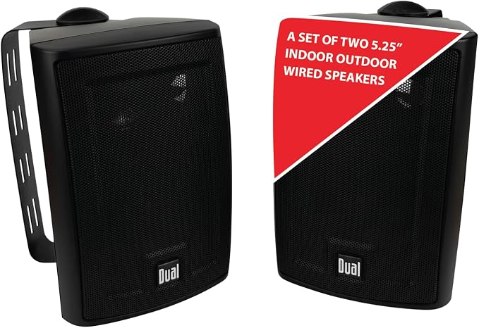 Dual Electronics LU53PB 5.25" 3-Way High Performance Outdoor Indoor Wired Speakers | Effortless Set Up | Home, Pool, Patio, Garage Use | Weather Resistant | Expansive Stereo Sound Coverage | Black
