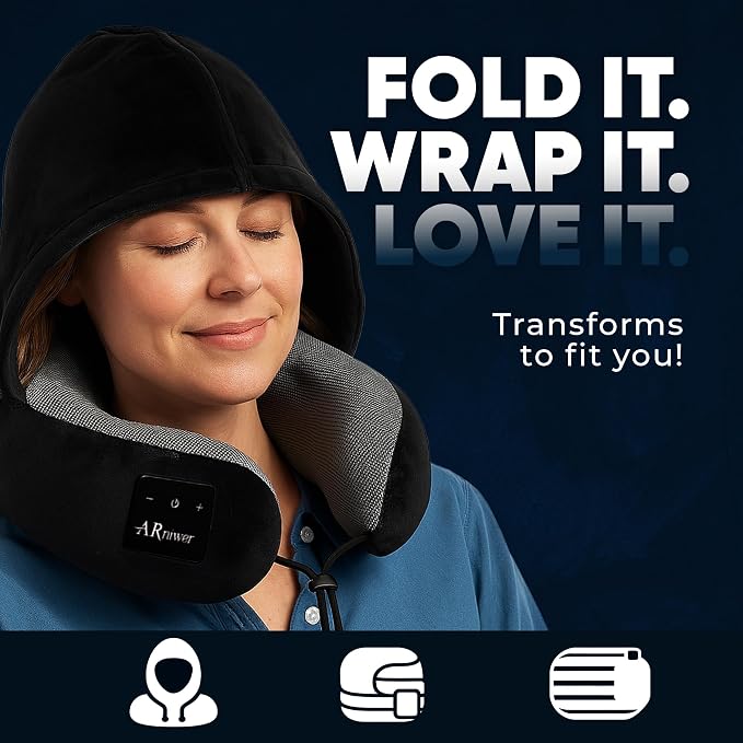 Bluetooth Music Semicircular Neck Pillow with Hood Wireless Bluetooth Speaker Suitable Airplane,Car,Office,and Outdoor Camping for Sleeping, Resting The Best Travel Essentials. (Navy Blue)