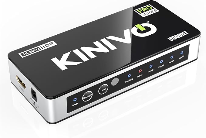 Kinivo HDMI Switch with Audio Extractor 560BNT (5 in 1 Out Hub, Toslink Optical Audio Port, SPDIF, 4K 60Hz Switcher, 18Gbps, IR Remote) - Compatible with Gaming Console, Cable TV, PC, Dolby Digital