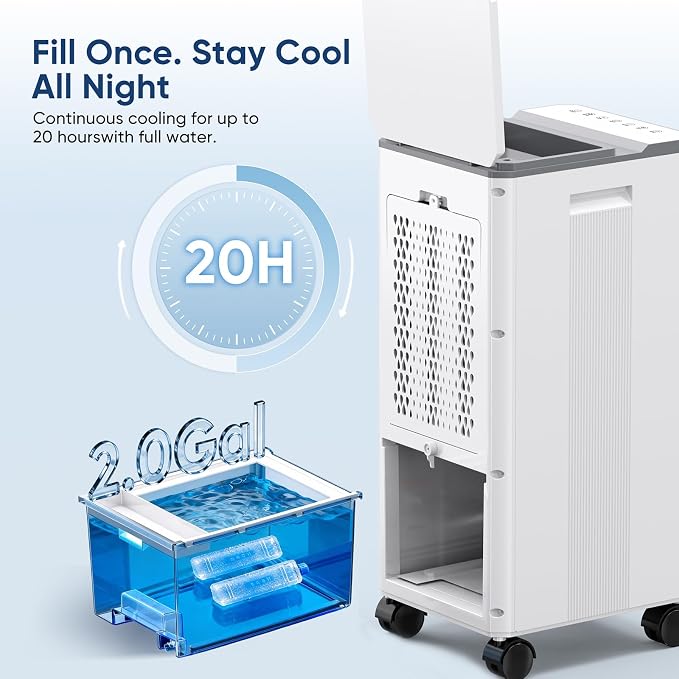 Windowless Portable Air Conditioners Fan, Evaporative Air Cooler 3 Modes & 3 Speeds, 2-Gal Tank for 20H Cooling,12H Timer for Smart Auto-off, 16FT Remote,No Hose Needed,38db Swamp Cooler FK2306Y