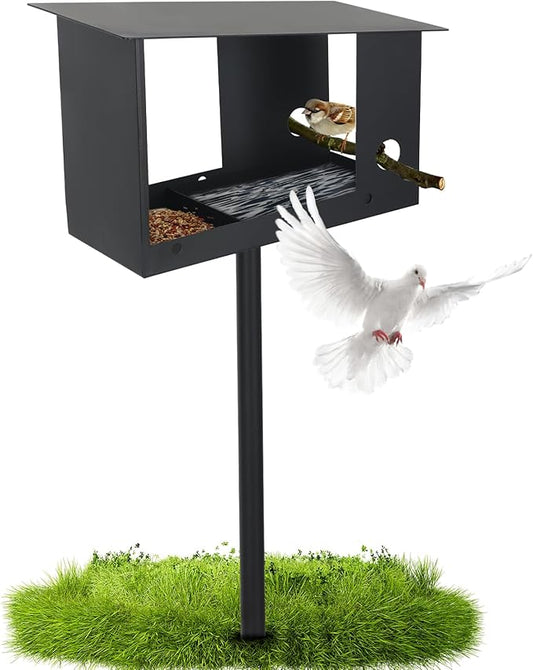 3-in-1 Metal Bird Feeder with Pole 59in High Weatherproof Wild Bird Feeding Station with Birdseed Area Removable Water Tray Custom Perch Ground-Mounted Bird Feeder for Small Birds Sparrow Tit Robin