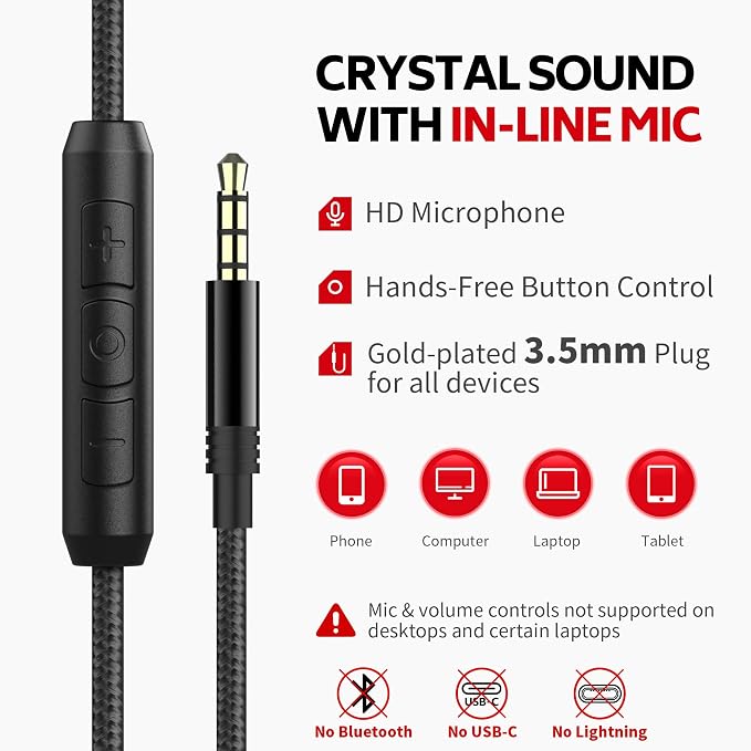 AC01 Headphones Wired Over Ear, Corded Stereo Headsets with Microphone Volume Control for Adults Teens Kids 3.5mm for Cellphones, Tablets, Laptop, Chromebook (Black Grey)