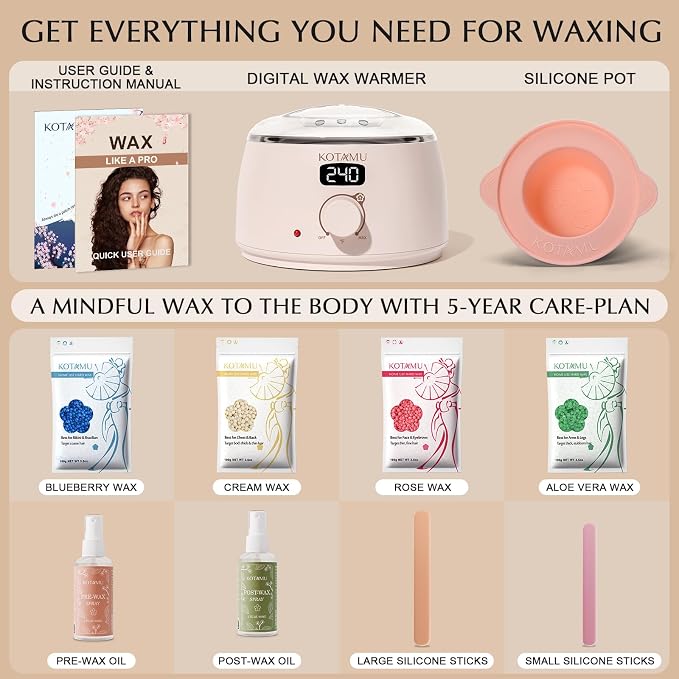 KOTAMU Waxing Kit for Women & Men, Wax Warmer for Hair Removal, Digital Wax Kit with Silicone Pot, Ideal for Face Eyebrow Arm Legs Armpit &Sensitive Skin, Pink Waxing Machine for Home Salon Use