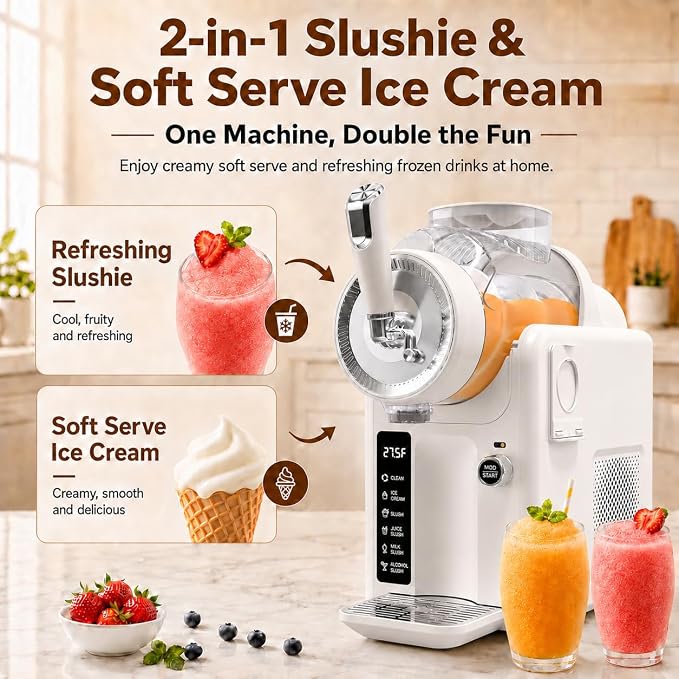 SYINTAO Slushie Machine No Ice Needed, 2-in-1 Frozen Drink & Soft Serve Ice Cream Maker, Self-Chilling Slushy Maker with 5 Presets, LED Display & Auto Clean for Home & Party (White)