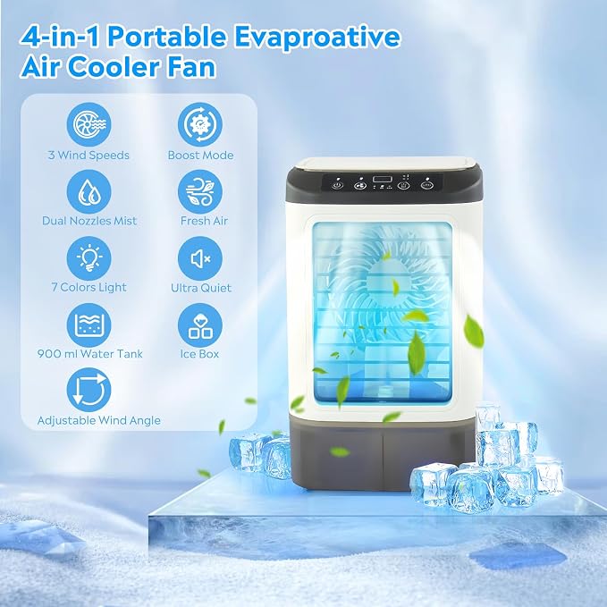 Portable Air Conditioners, Evaporative Air Cooler with 2 Mist & 3 Speed/Boost Mode, 7 Color Light, 900ml Large Tank & Icebox, Personal Air Conditioner AC Cold Fan for Bedroom Office Desk Car