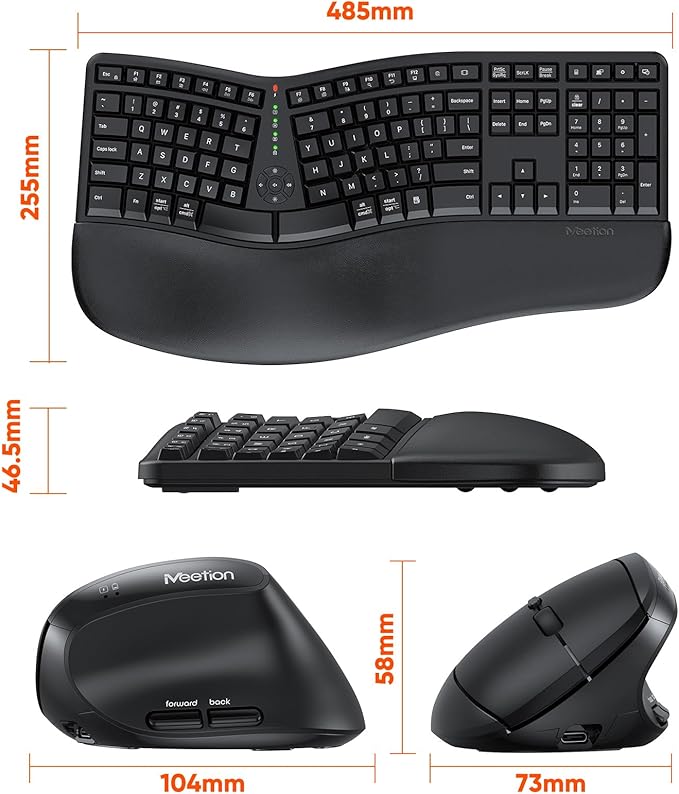 MEETION Ergonomic Keyboard and Mouse, Wireless Keyboard with Vertical Mouse, Split Curved Keyboard with Wrist Rest, Natural Typing USB Receiver Rechargeable Full Size, Windows/Mac/PC/Laptop, Large