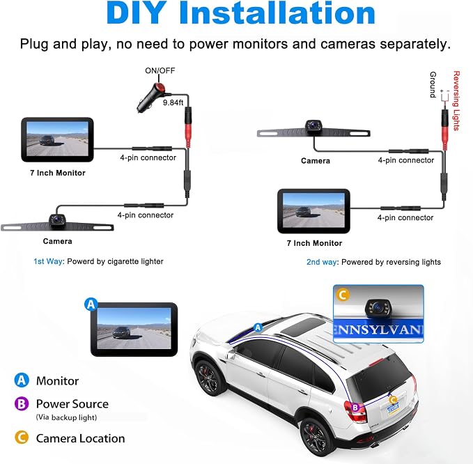 ZEROXCLUB Wired Backup Camera Kit with 7" Monitor, HD 1080P Display for Car Truck/Pickup/SUV/Van/RV, Night Vision Rear View Camera IP69 Waterproof-B7