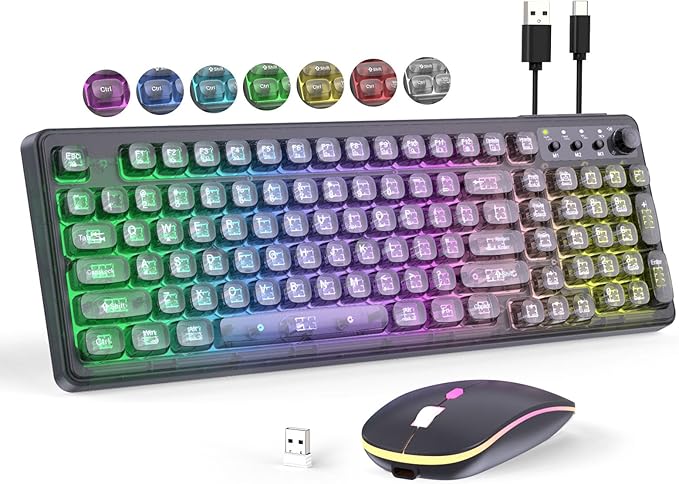 Black Light Up Keyboard and Mouse Wireless,Cute 2.4Ghz Cordless Rechargeable Transparent Backlit Keyboard,15 Backlight Effects,Volume Knob,RGB Mouse with 3 DPI for Mac Computer PC Laptop Desktop iPad