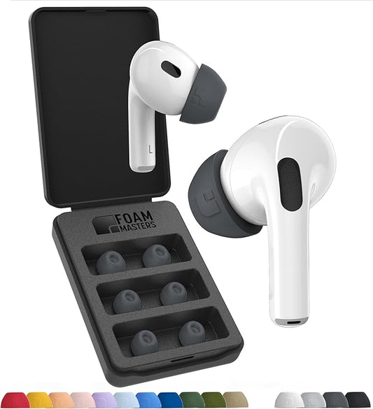 Foam Masters Ultra-Premium Memory Foam Ear Tips for AirPods Pro 3rd Gen (2025) | 3 Pairs | New Ver. | Secure Fit | Super Comfort | Better Noise Cancel | Replacement Buds (Large, Space Gray)