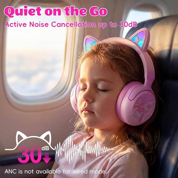 Kids Bluetooth Headphones with LED Cat Ears, Active Noise Cancelling Headphones for Kids, 85dB Safe Volume, 40H Play Time, Bluetooth 6.0, Fast Charging, Built-in Mic for iPad/Tablet/Airplane, Pink