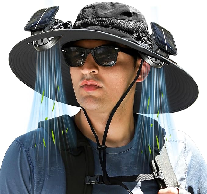 Solar Fan Hat Wide Brim Sun Hat with 2 Solar Fan, Solar Powered & USB Charging Hat Fishing Hat with Fan for Men