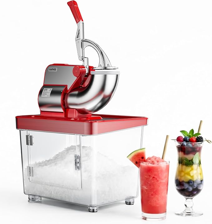 Commercial Ice Crusher 661LBS/H, 300W Electric Snow Cone Machine with 4 Stainless Steel Blades, 1450RPM, 8.98Gal Hopper Shaved Ice Maker with Safety On/Off Switch for Home, Restaurants, Bars, Red
