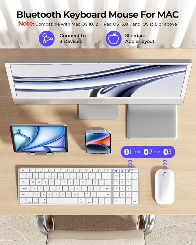 seenda Bluetooth Keyboard and Mouse Combo for Mac, SKM64-2 Rechargeable Silent Wireless Keyboard Mouse Compact Slim, 3 Multi-Device Connection, Compatible for Mac MacBook Pro/Air iPad, White Silver