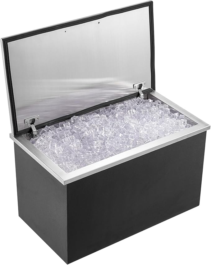 VEVOR Drop in Ice Chest, 24" L x 20" W x 15" H Stainless Steel Ice Cooler, Commercial Ice Bin with Hinged Cover, 40 qt Outdoor Kitchen Ice Bar, Drain-Pipe and Drain Plug Included, for Cold Wine Beer