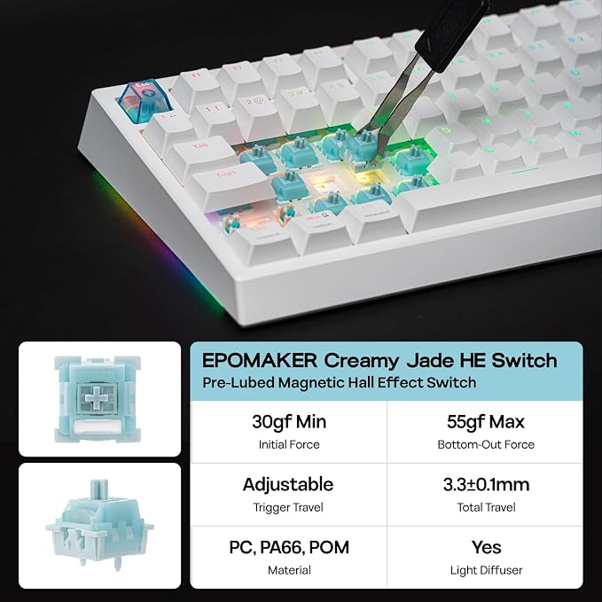 EPOMAKER G84 HE Wireless Hall Effect Keyboard, 8K Polling & 8000mAh, SOCD & DKS, Gaming Keyboard with Fast Trigger & Adjustable Actuation, RGB Backlit, PBT Keycap, Hot-Swap, for Win/Mac (White)