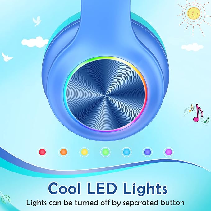 Candy Bila Kids Bluetooth 6.0 Headphones with LED Light, 85Hours Playtimes, Type-C Fast Charging, 85/94dB Volume Limited, Comfort Wireless Headphones with Built-in Mic, Wired & TF Card Mode, Blue