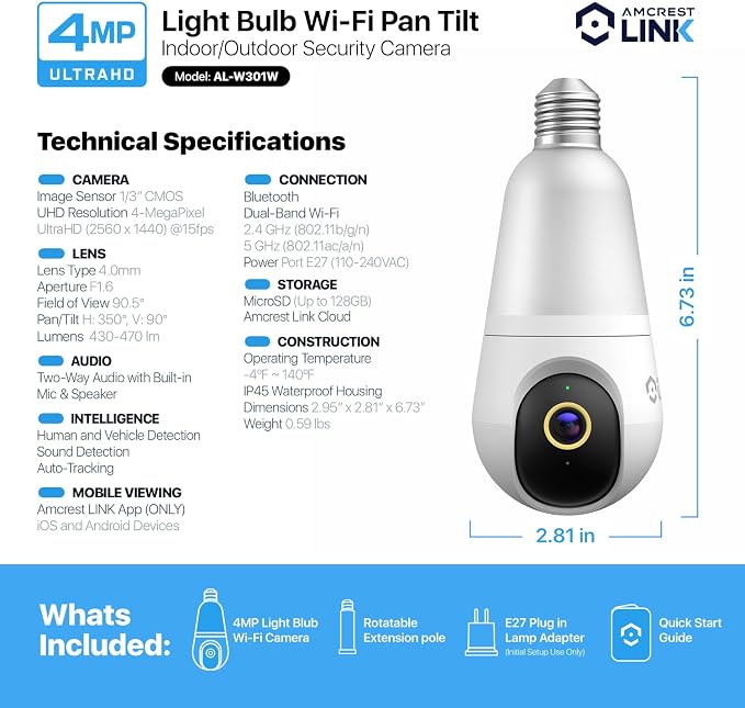 Amcrest Link 4MP Light Bulb WiFi Indoor/Outdoor Camera, Human Detection, 90.5° FOV, Pan/Tilt, IP45, AI Night Color, 2.4GHz/5GHz Dual Band Camera, Supports MicroSD Storage up 128GB
