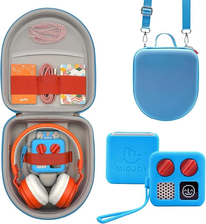 Silicone Cover and Travel Case Compatible with Yoto Mini with Headphones, Hard Carrying Case with Shoulder Strap and Adventure Jacket Accessories Set for Yoto Mini, Sky Blue