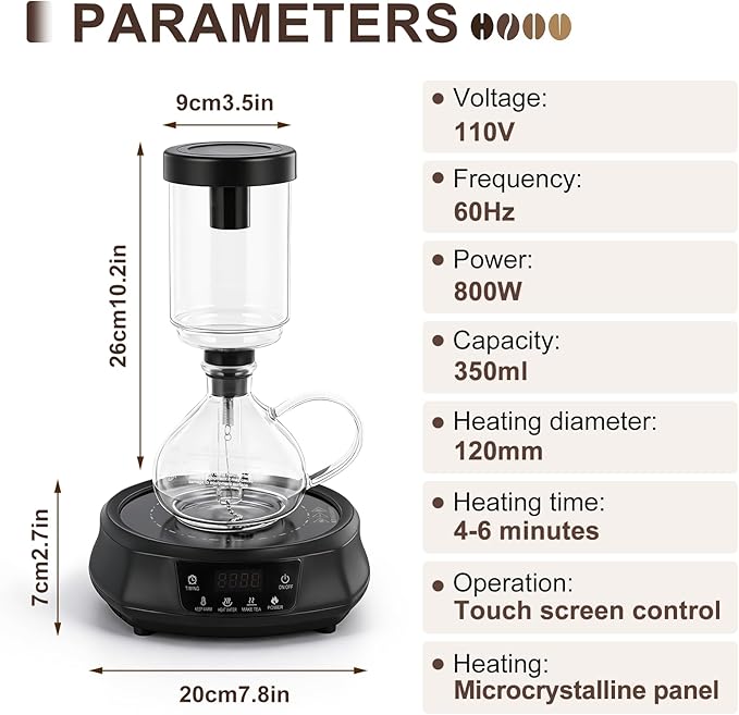 YUCHENGTECH Electric Siphon Syphon Coffee Maker 350ml Electric Siphon Coffee Brewer with Temperature Adjustment for Home Office Use 110V